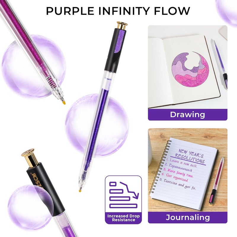 ZSCM Retractable Glitter Gel Pens, 12 Colors Large Capacity Purple Glitter Metallic Gel Ink Pens, 1 mm Fine Point Smooth Writing Color Pens for Adult Coloring Book Note Taking Aesthetic Art Supplies - Image 4